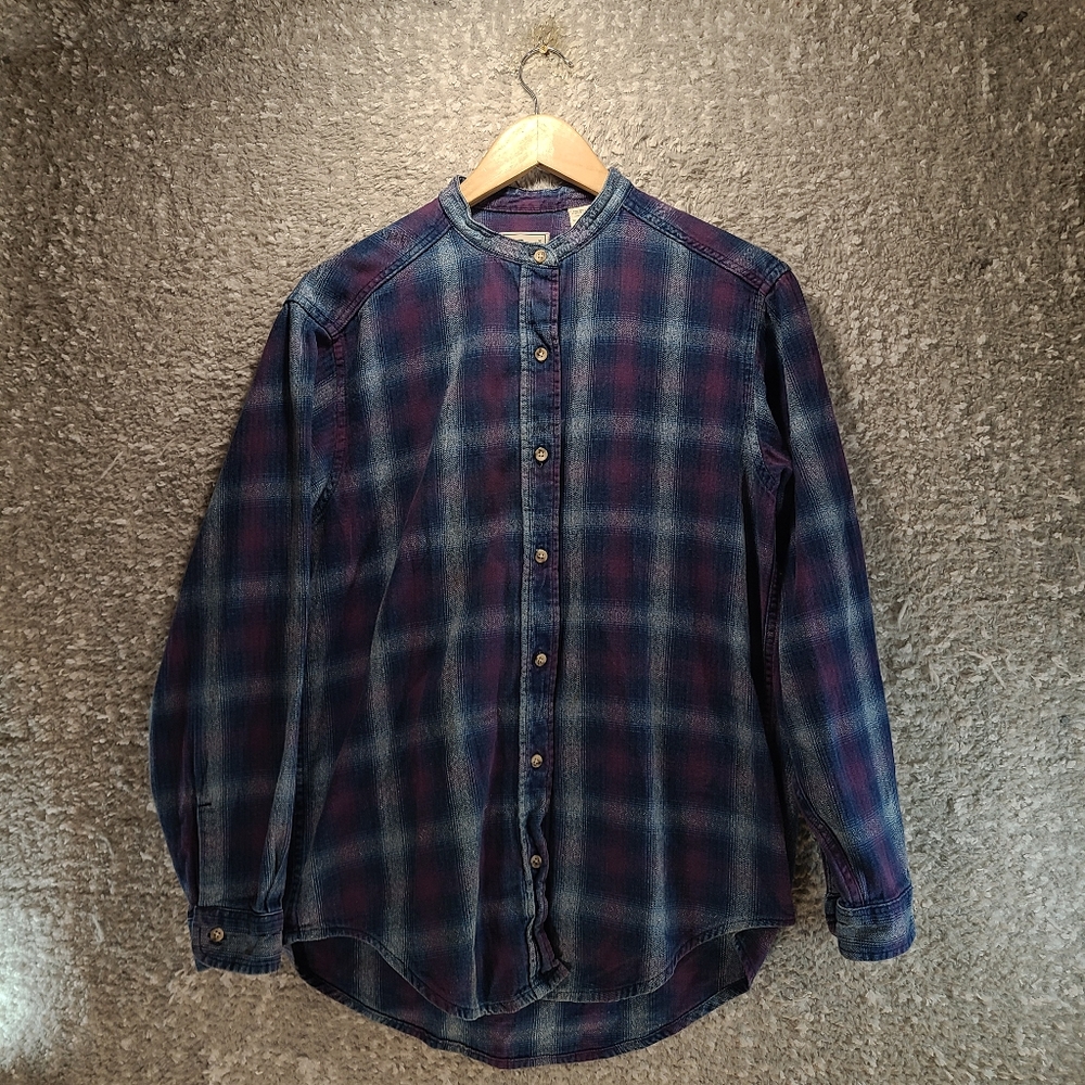 LL‎ Bean Button Up Henley Shirt Women's Medium Plaid Long Sleeve Cotton USA MADE